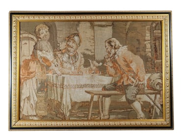 Framed tapestry panel depicting tavern scene