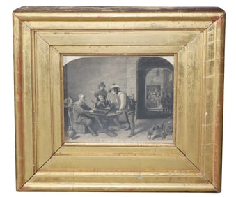 Tavern scene etching in gilt leaf wooden frame.