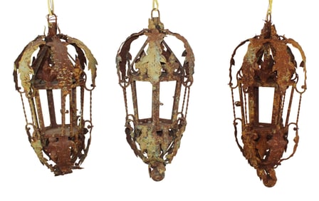 Lot of 3 iron open candle lanterns with acanthus leaves