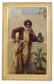 Orientalist oil on canvas painting of girl leaning on wall signed l/l F.F. de Crano