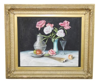 Oil on board painting still life with roses
