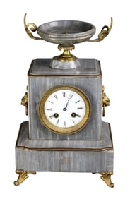 French grey marble mantel clock with lions