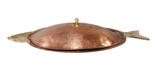 Copper finish lidded fish form serving platter
