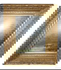 French watercolor painting on board depicting Forest scene with bull