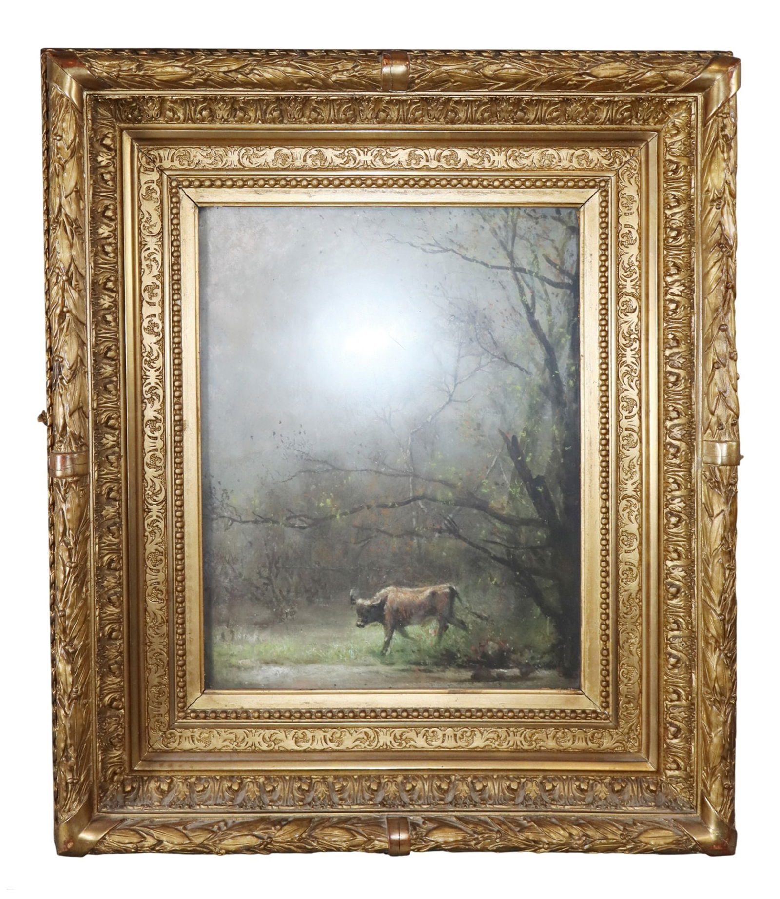 French watercolor painting on board depicting Forest scene with bull (1 of 5)