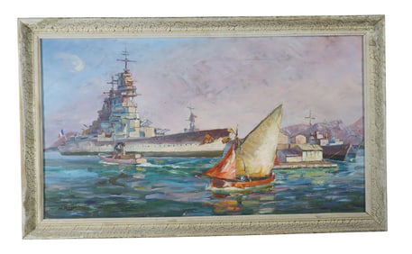 French oil on board painting of naval ship at Port of Toulon