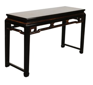 Chinoiserie black lacquer altar style console table