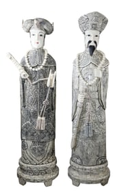 Pair of Chinese mosaic camel bone emperor and empress figural sculptures