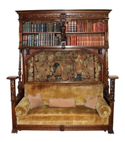 French Renaissance style inglenook with loveseat, bookcase and tapestry back panel.