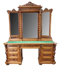 Italian Renaissance relief carved vanity with batwing mirror