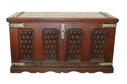 Large French Renaissance Revival oak trunk with studded iron