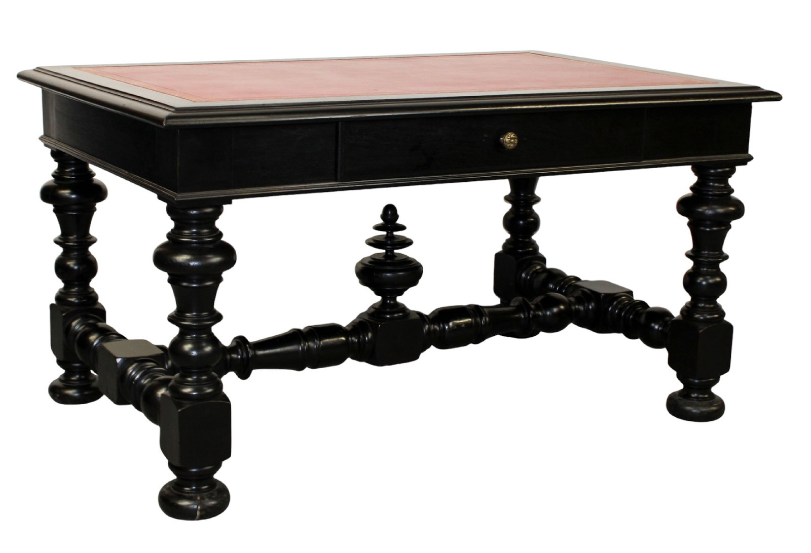 French Napoleon III ebonized desk with tooled red leather top: French Napoleon III ebonized desk with tooled red leather top. Late 19th century. 30 1/4"h x 56"l x 36"w