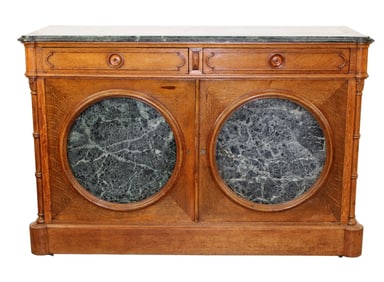 French buffet bas in oak with verdigris marble top