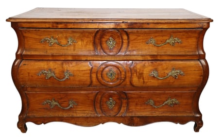 French Louis XV 3 drawer bombe commode in walnut