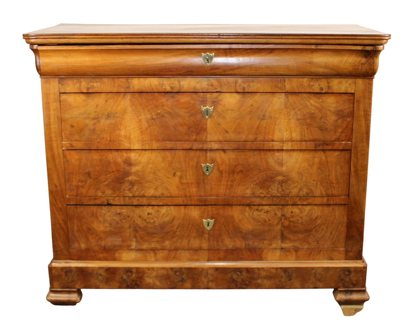 French Louis Philippe burled walnut commode: French Louis Philippe burled walnut commode with wood top. Late 19th century. 40"h x 49"w x 22 1/2"d