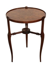 English petite side table in burled elm on 3 legs