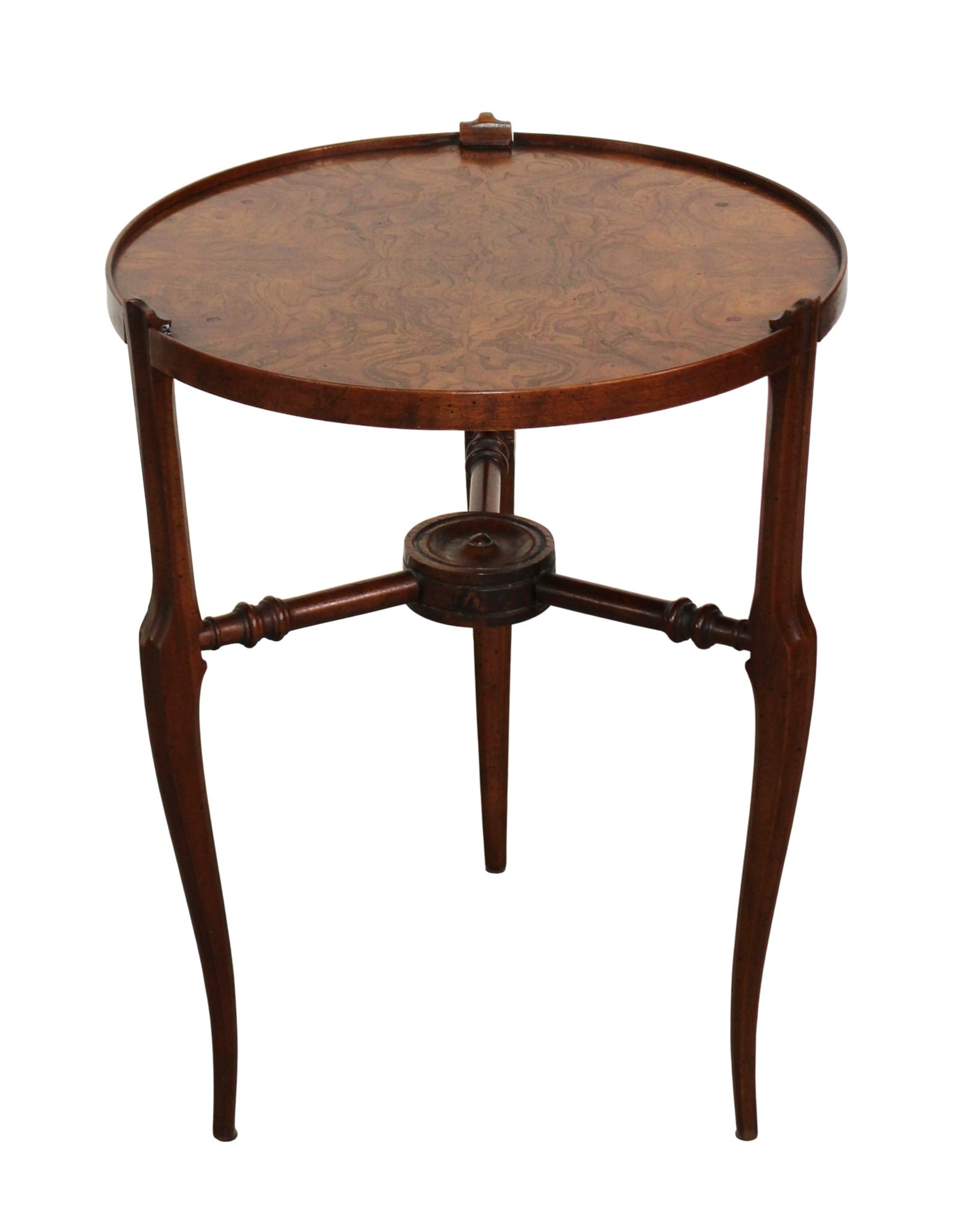 English petite side table in burled elm on 3 legs (1 of 7)