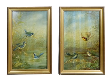 Pair of small French oil on board paintings of birds
