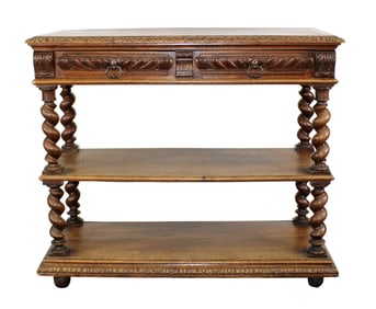 French lift top tiered server in carved oak with hidden marble surface