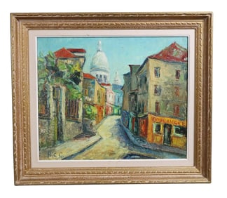 French oil on canvas painting Paris Montmartre street scene