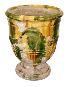 French terra cotta Anduze pot in yellow and green