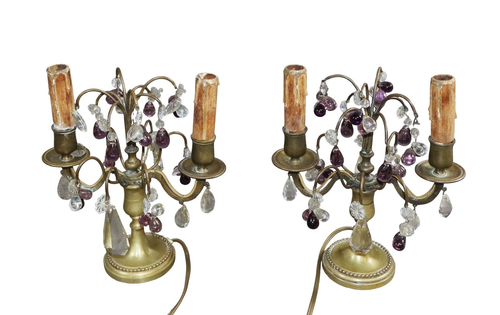 Pair of French 2 arm girandole lamps with purple and clear glass drops: Pair of French 2 arm girandole lamps with purple and clear glass drops. 9 1/2"h x 8 1/4"w x 3 /14"d. Weight: 3lbs