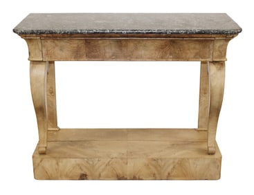 French Louis Philippe console table in bleached burled walnut with marble top