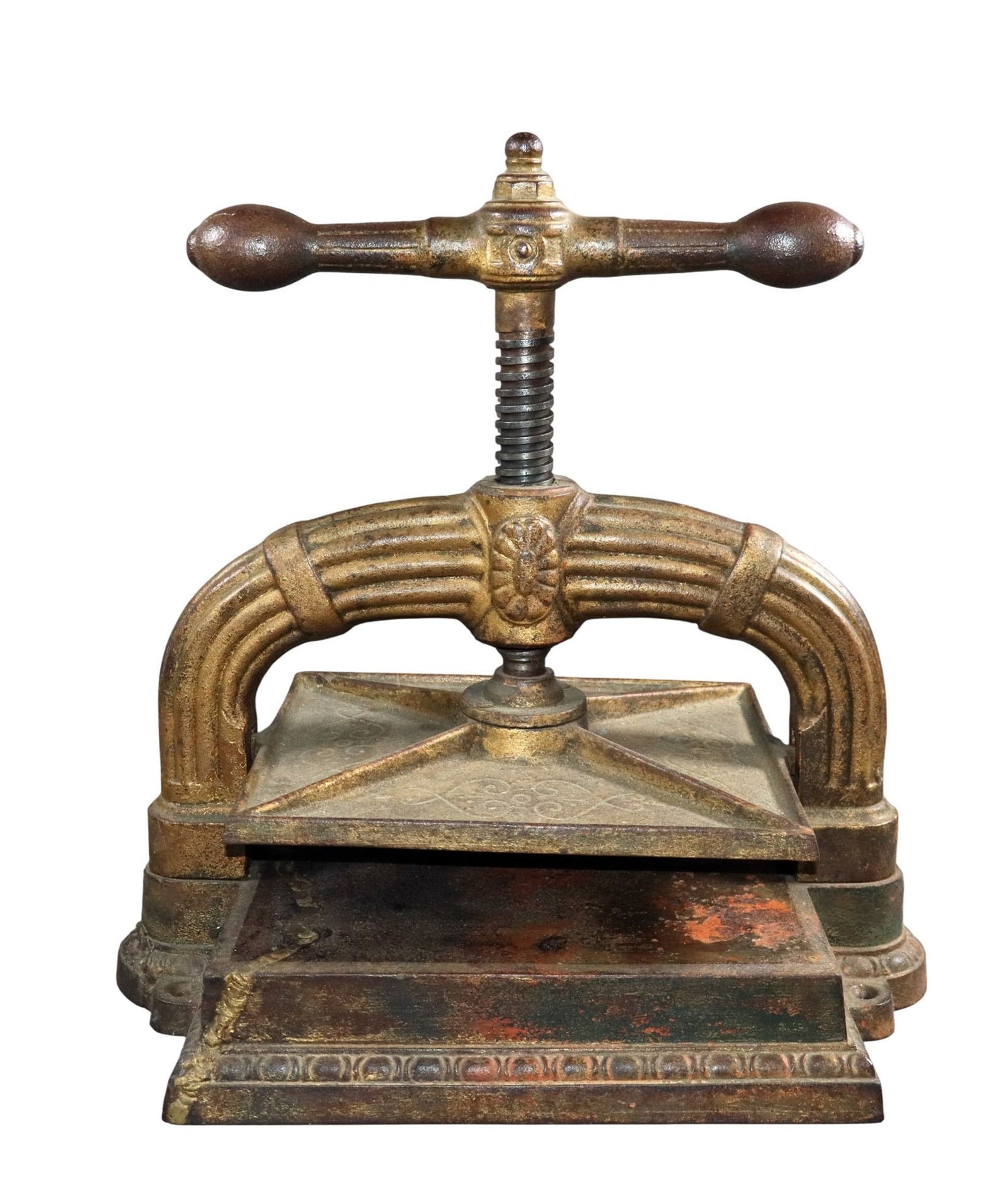 French cast iron table top book press: French cast iron table top book press. Early 20th century. 16"h x 17 1/2"w x 11 1/2"d Weight:60lbs