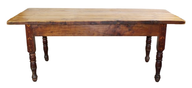 French farmhouse table with plank top and inlaid legs