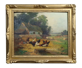 French oil on canvas painting farmhouse scene