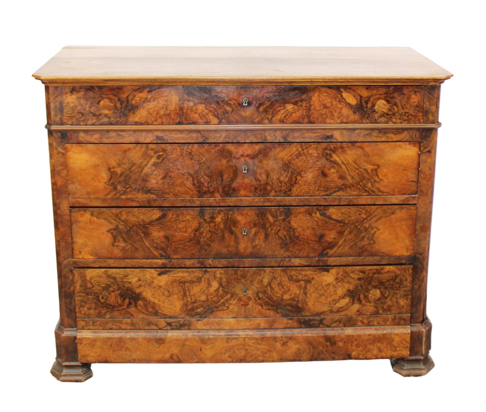 French Louis Philippe Commode in burled walnut with wood top: French Louis Philippe Commode in burled walnut with wood top. Late 19th century. 37 1/8"h x 46 1/8"w x 20 3/4"d