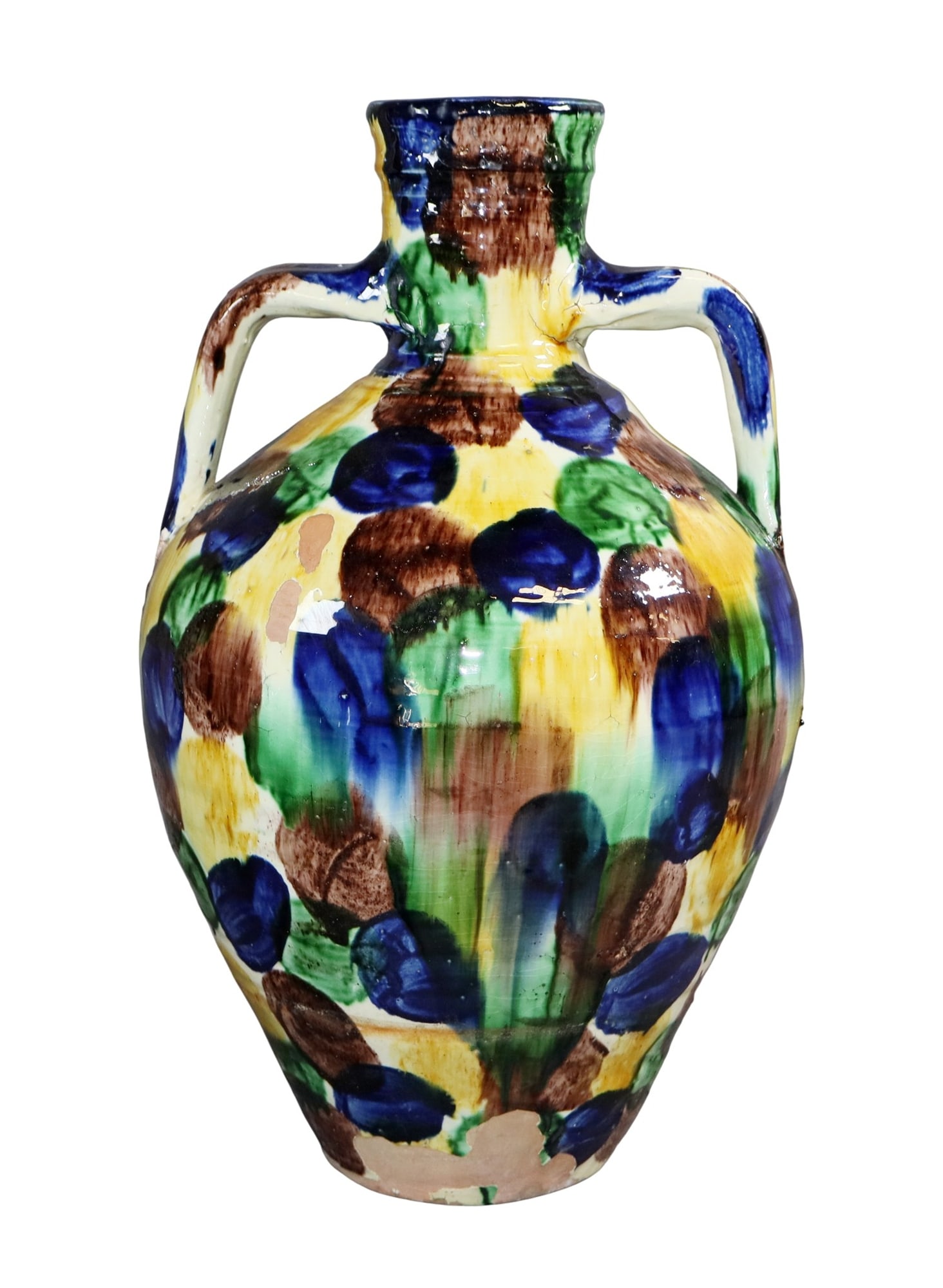 French oversize multi color glazed terra cotta amphora pitcher: French oversize multi color glazed terra cotta amphora pitcher. Early 20th century. 18"h x 9 1/2"w Weight: 14lbs