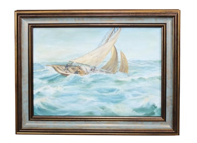 Continental oil on artist board painting sailing ship in rough seas