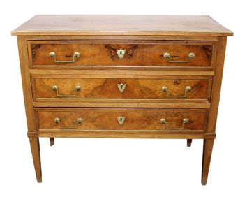 French Louis XVI style 3 drawer commode in walnut with bronze banded drawers