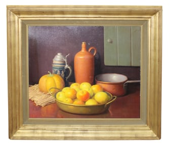 French oil on canvas painting still life with apples and pumpkin