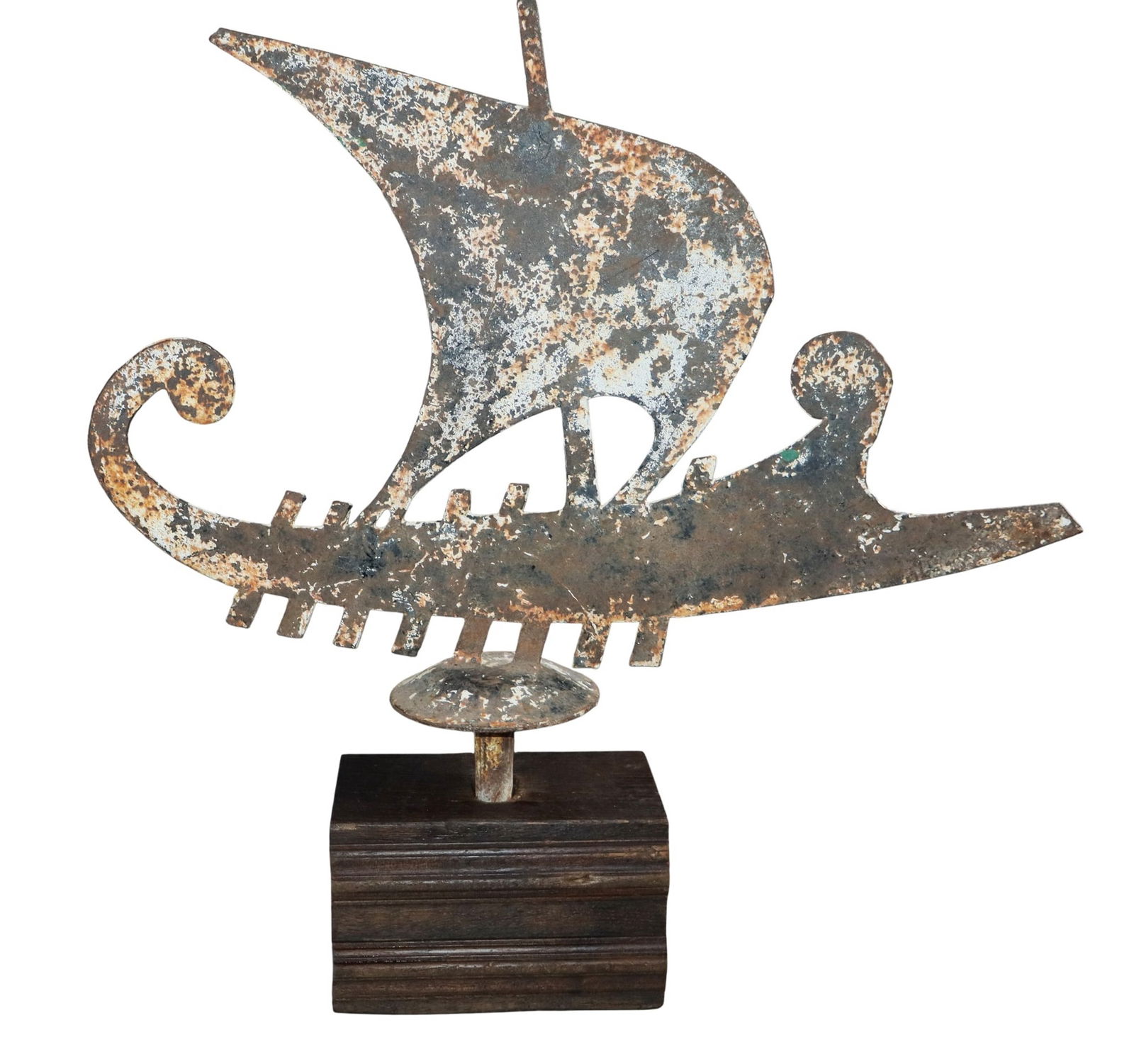 Verdigris iron roof finial of ancient Greek Athenian trireme ship mounted on wooden stand (1 of 6)