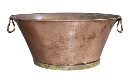French copper oval champagne bucket with riveted brass trim and brass handles