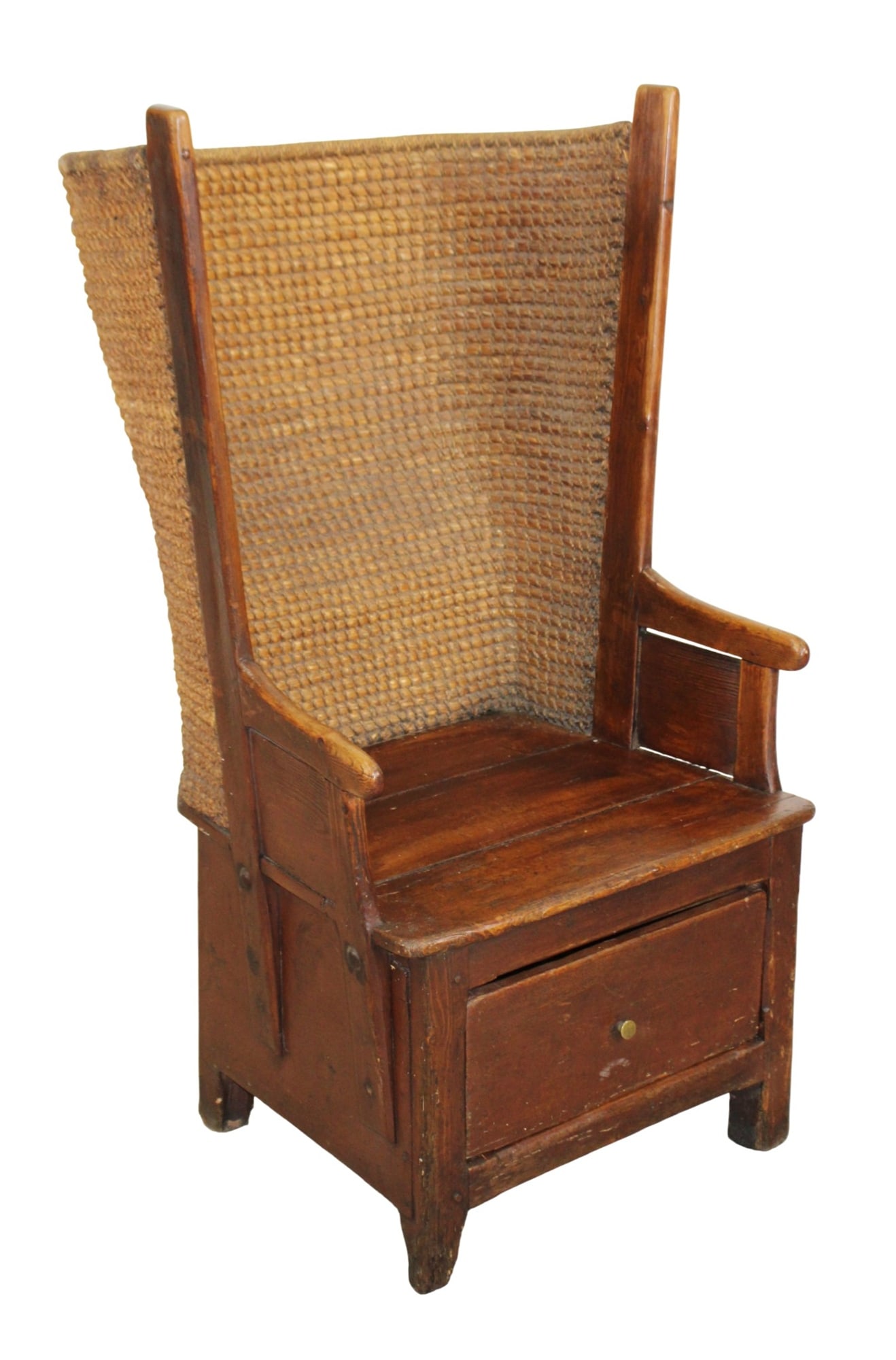Scottish Orkney chair in pine with curved woven straw back: Scottish Orkney chair in pine with curved woven straw back. 19th century. 41 3/4"h x 21 1/2"w x 21"d Seat 15"h