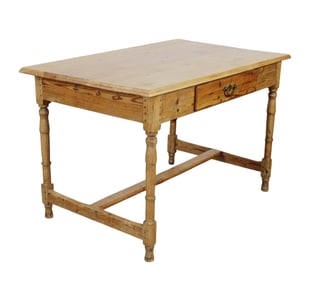 English pine writing desk on turned legs with single drawer