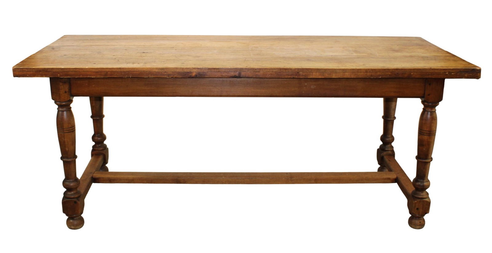 French farmhouse table on turned legs: French farmhouse table on turned legs. Single drawer. Late 19th century. 30 3/8"h x 76"l x 30 1/4"w