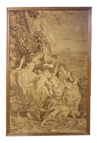 Flemish machine woven tapestry with monochromatic allegorical scene