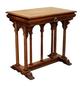 French petite writing desk in walnut on columned base with single drawer