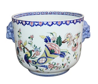 French Gien faience cache pot with ram heads