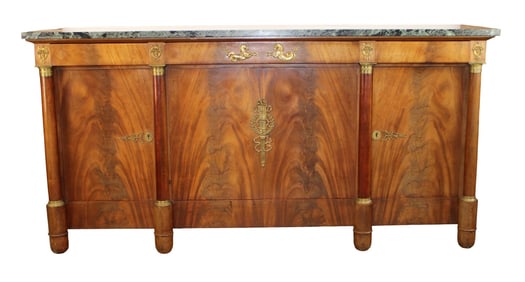 French Empire style 4 door sideboard with bronze mounts and a marble top