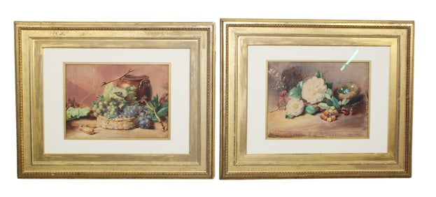 Pair of Continental watercolor paintings still life with flowers and fruit