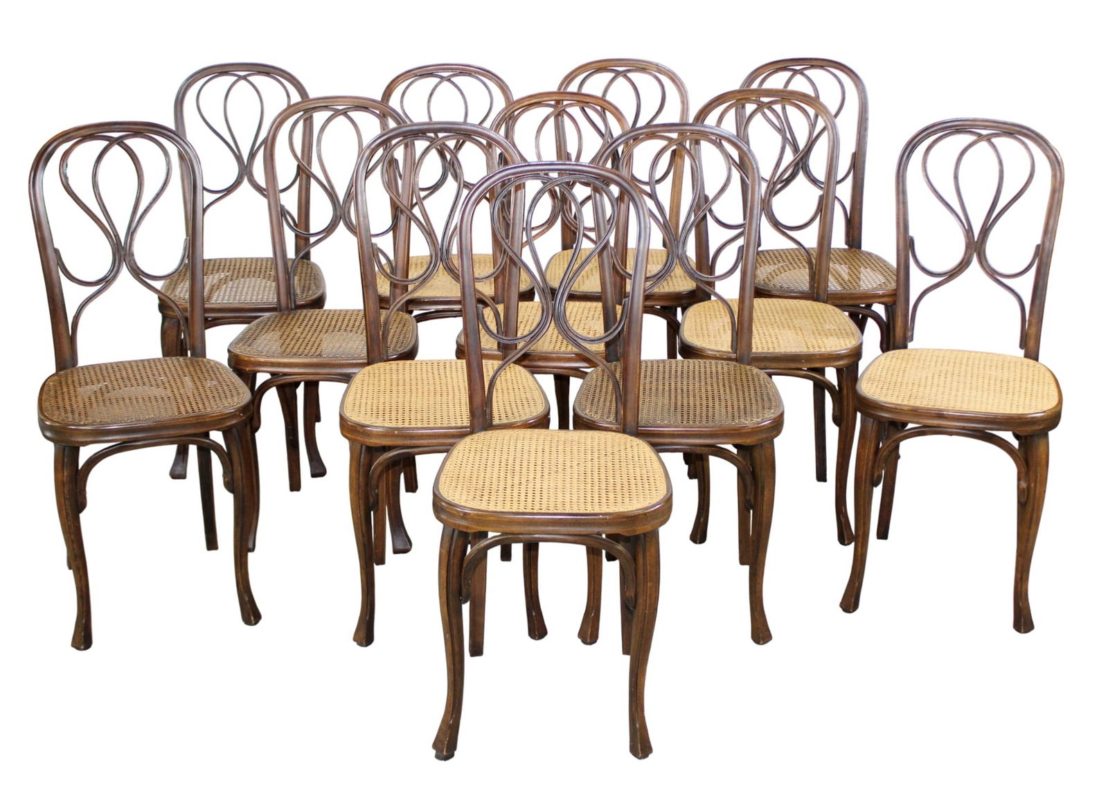 Set of 12 French bentwood cafe chairs with caned seats: Set of 12 French bentwood cafe chairs with caned seats. 37 1/2"h x 16"w x 16"d, seat height 18 1/2"