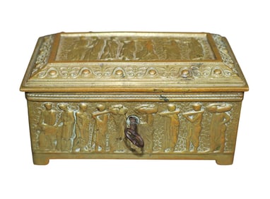 Miniature French bronze dresser box with classical figures in relief