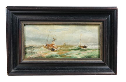 French petite oil on board painting maritime scene ships in rough seas