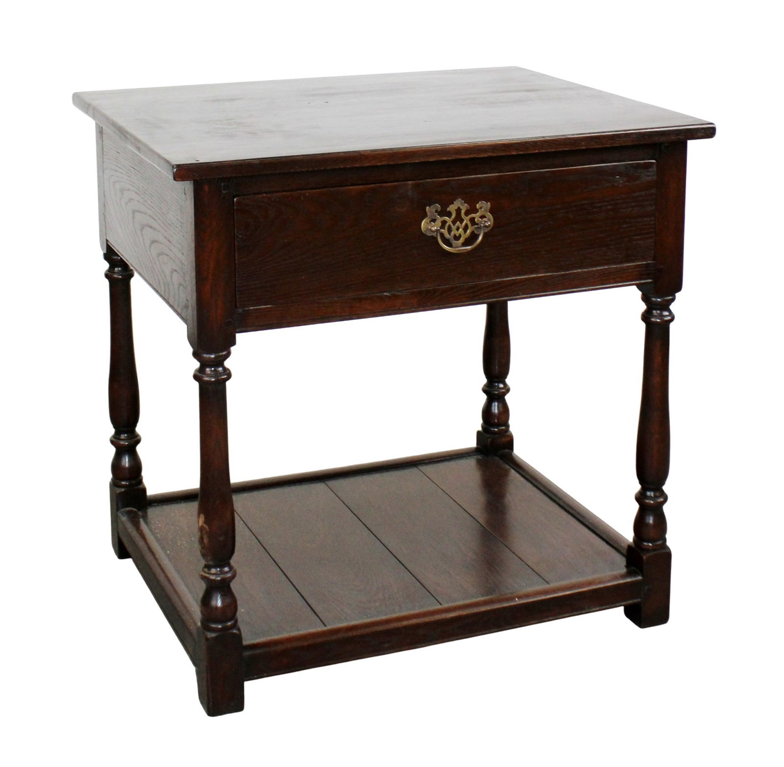 English single drawer tiered side table in oak: English single drawer tiered side table in oak. Late 20th century. 29 1/2"h x 30"w x 23 7/8"d