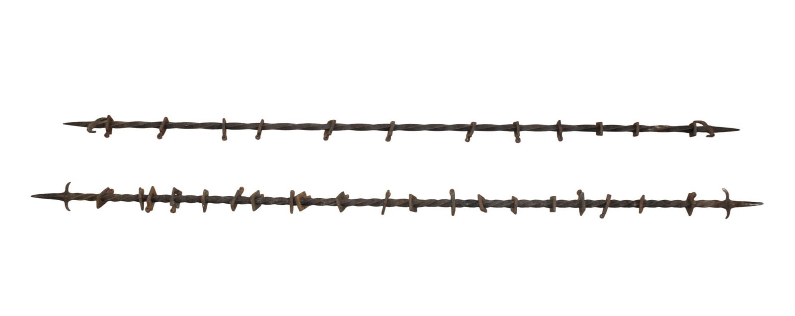 Pair of French forged iron curtain rods: Pair of French forged iron curtain rods. Early 20th century. 4"h x 64 1/2"w